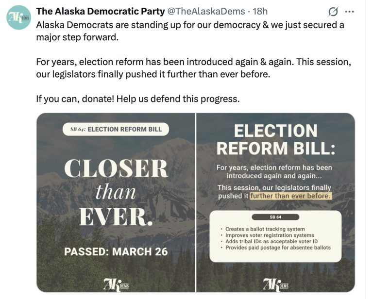 Alaska Democrats celebrate controversial election bill, SB 64, and are using it to raise money