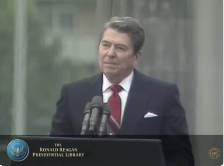 Reagan’s challenge to Soviet leader Mikhail Gorbachev: ‘Tear down this wall.’